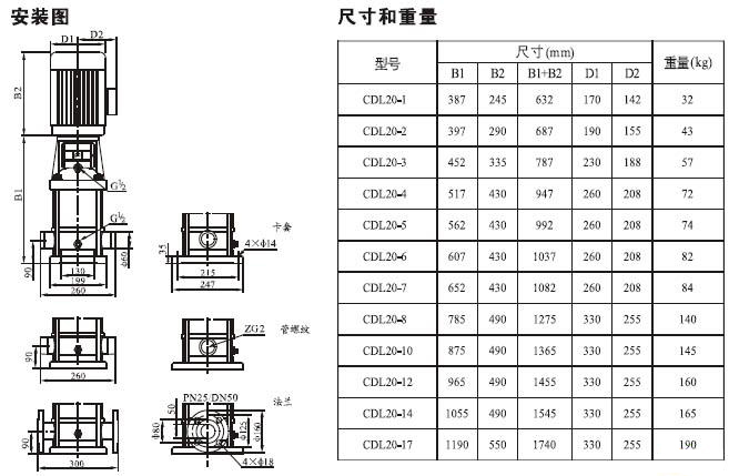 CDLF系列輕型不銹鋼立式多級(jí)泵安裝尺寸及重量