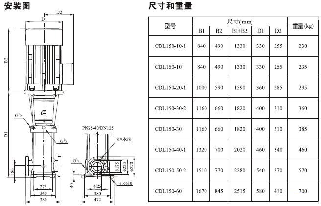 CDLF系列輕型不銹鋼立式多級(jí)泵安裝尺寸及重量